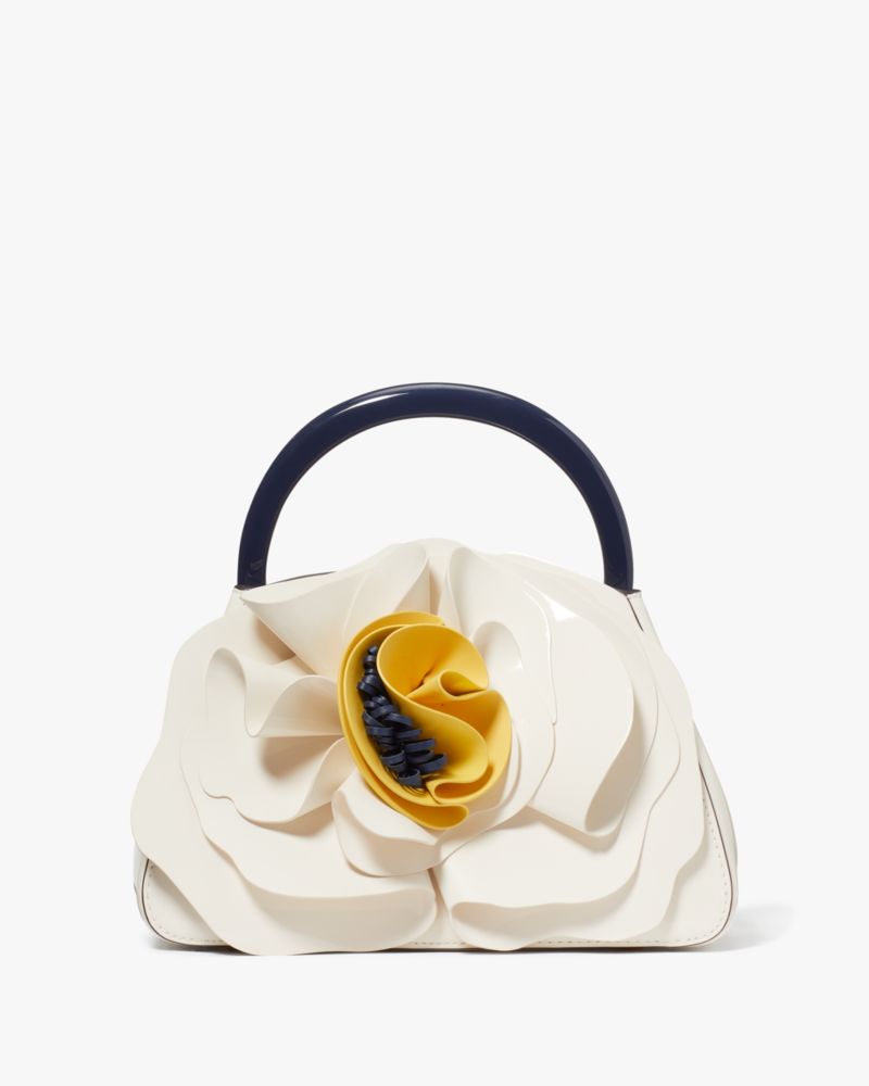 Kate Spade,Flora Patent Leather 3D Flower Top-Handle Bag,Cream