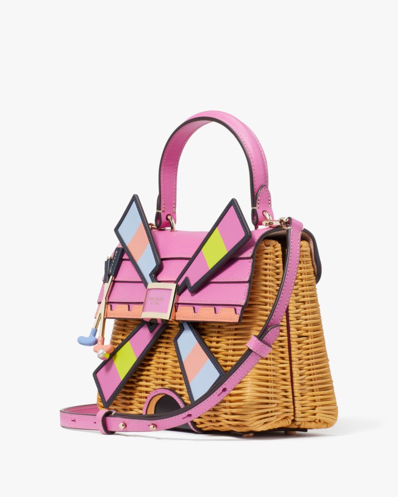 Kate Spade,Tee Time Wicker 3d Windmill Top-handle Bag,Leather,Crossbody,Wicker,3D Embellishment,Color Block,Logo,Metal,Pea...,