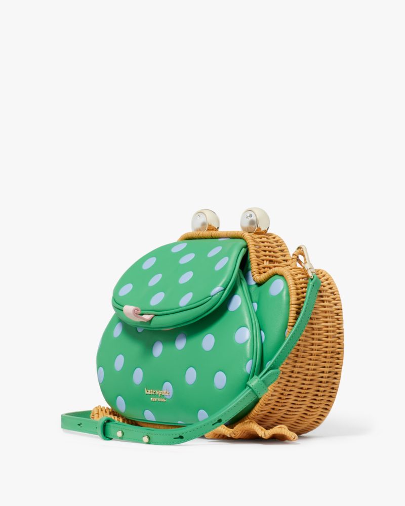 Kate Spade,Lily Polka Dot Wicker 3D Frog Crossbody,Leather,Crossbody,Wicker,3D Embellishment,Logo,Metal,Rhinestones,Mixed ...,Green