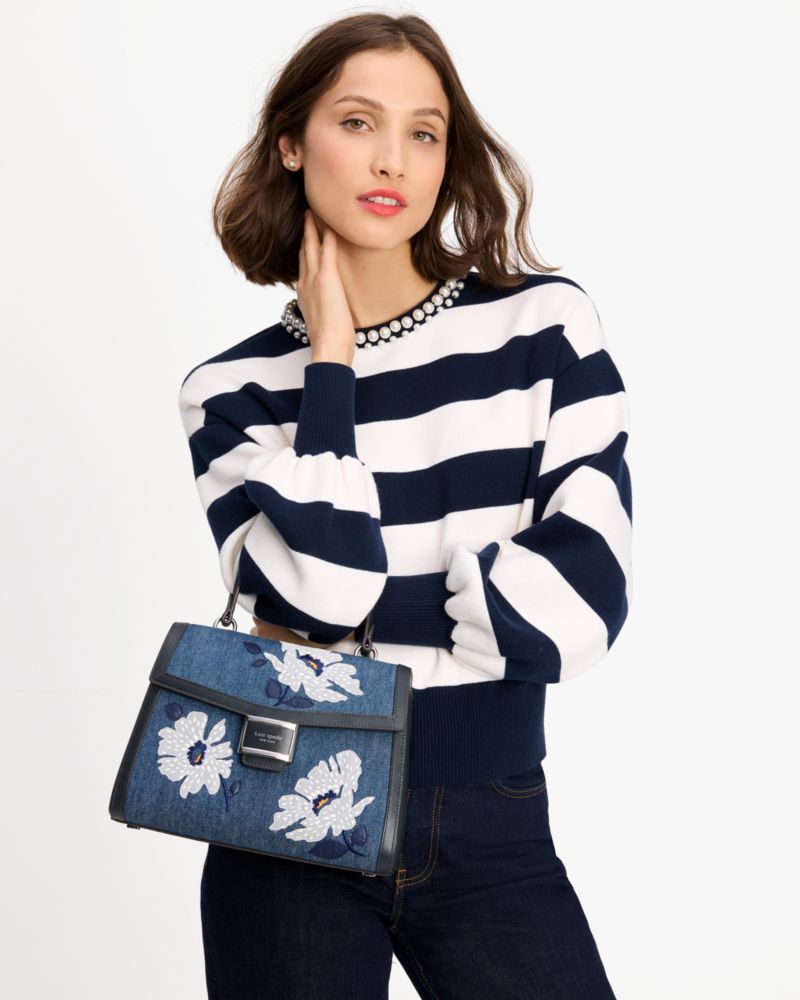 Kate Spade,Katy Embellished Denim Medium Top-handle Bag,Leather,Denim,Crossbody,Logo,Piping,Applique,Day Party,Navy