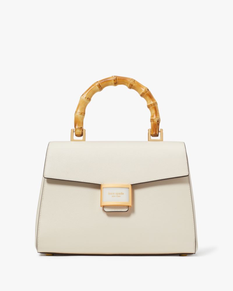 Kate Spade,Katy Textured Leather Bamboo Medium Top-handle Bag,Leather,Satchel,Logo,Mixed Media,Word Embellishment,Day Party,Cream