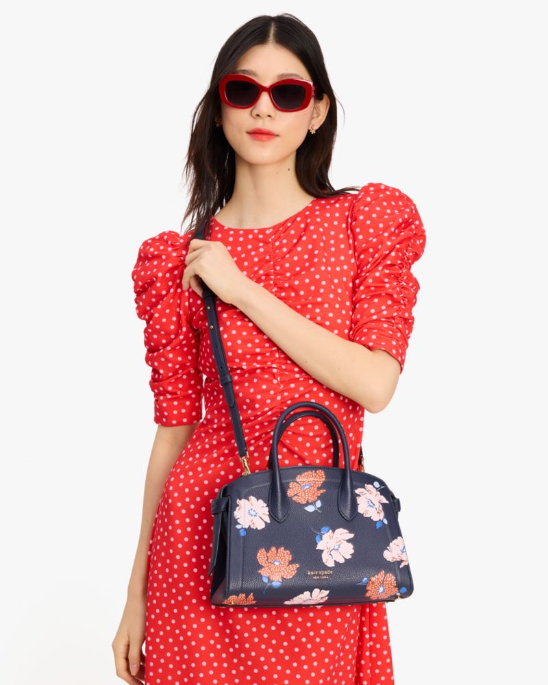 Kate Spade,Knott Dotty Floral Embossed Medium Zip-top Satchel,Leather,Satchel,Logo,Metal,Day Party,