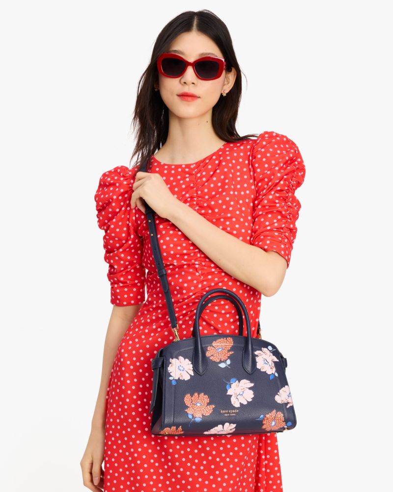 Kate Spade,Knott Dotty Floral Embossed Medium Zip-top Satchel,Parisian Navy Multi