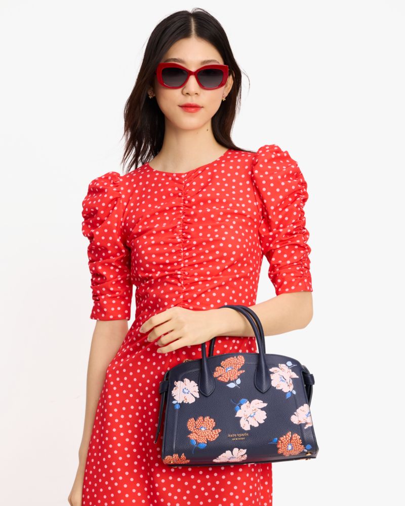 Kate Spade,Knott Dotty Floral Embossed Medium Zip-top Satchel,Leather,Satchel,Logo,Metal,Day Party,