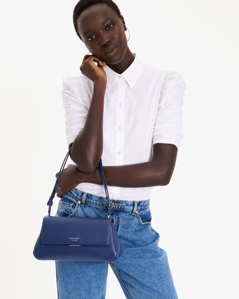 Kate Spade,Grace Convertible Shoulder Bag,Leather,Shoulder Bag,No Embellishment,Shoulder Guard,Day Party,Navy