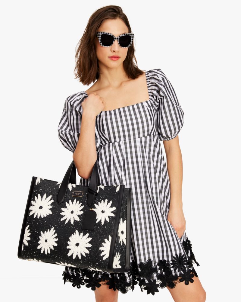 Kate Spade,Manhattan Floral Straw Large Tote,Leather,Tote,Straw,Logo,Metal,Casual,Black