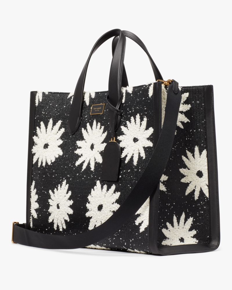 Kate Spade,Manhattan Floral Straw Large Tote,Leather,Tote,Straw,Logo,Metal,Casual,Black