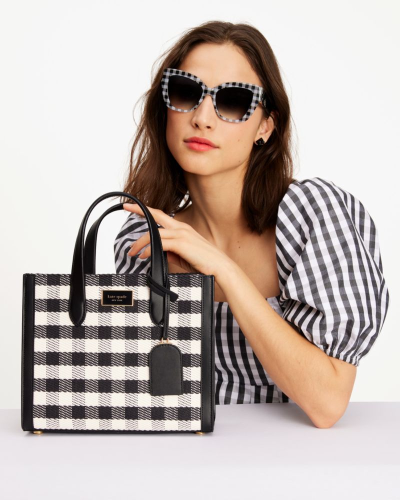 Kate Spade,Manhattan Gingham Tweed Fabric Small Tote,Twill,Leather,Crossbody,Logo,Metal,Color Block,Casual,Multi Color