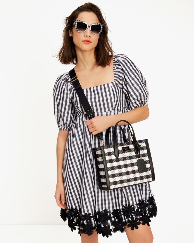 Kate Spade,Manhattan Gingham Tweed Fabric Small Tote,Black Multi