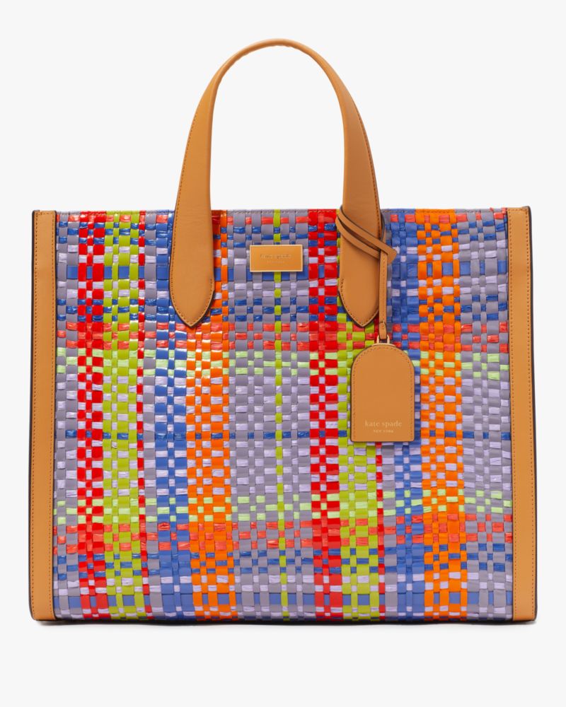 Kate Spade,Manhattan Madras Plaid Woven Straw Large Tote,Caramel Corn Multi