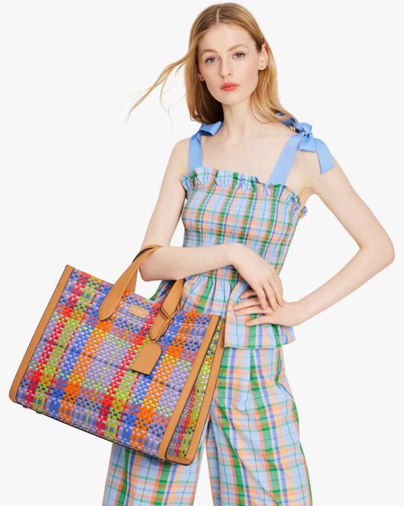 Kate Spade,Manhattan Madras Plaid Woven Straw Large Tote,Leather,Tote,Straw,Piping,Casual,