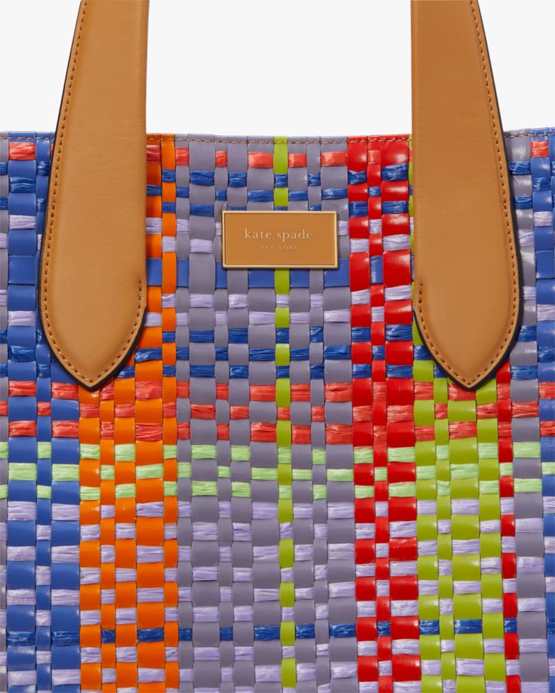 Kate Spade,Manhattan Madras Plaid Woven Straw Large Tote,Leather,Tote,Straw,Piping,Casual,Multi Color