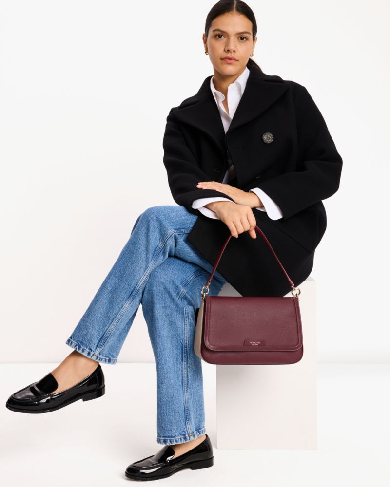Kate Spade,Hudson Colorblocked Convertible Flap Shoulder Bag,Leather,Shoulder Bag,Color Block,Metal,Logo,Shoulder Guard,Ca...,Maroon