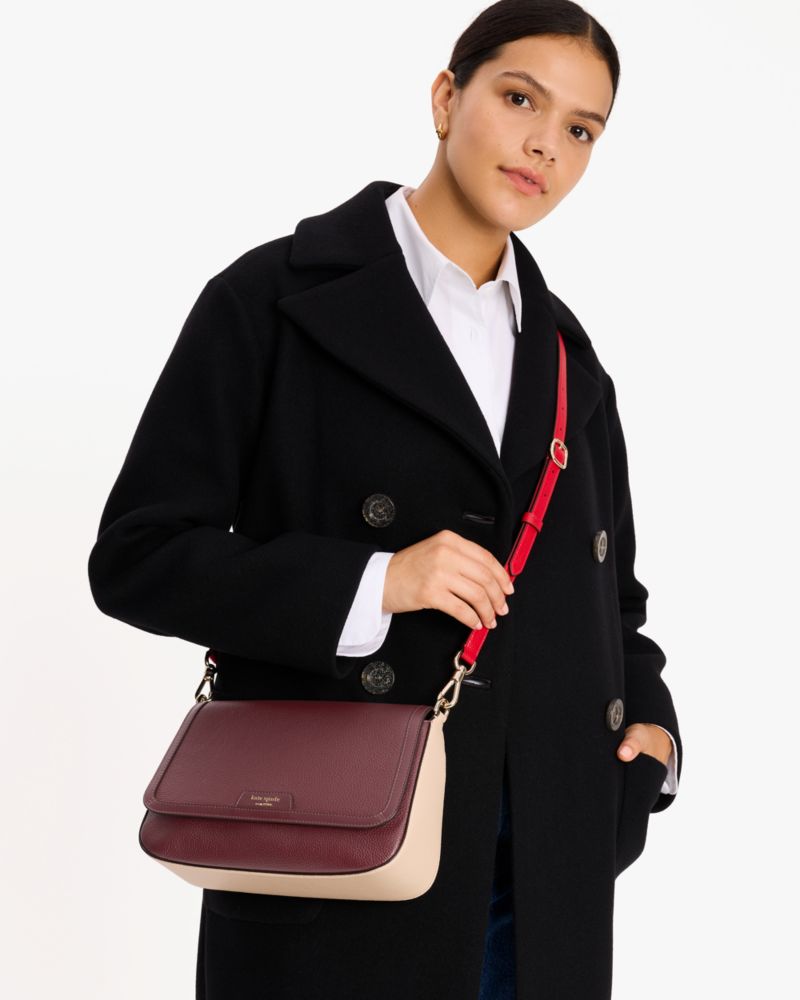 Kate Spade,Hudson Colorblocked Convertible Flap Shoulder Bag,Leather,Shoulder Bag,Color Block,Metal,Logo,Shoulder Guard,Ca...,Maroon