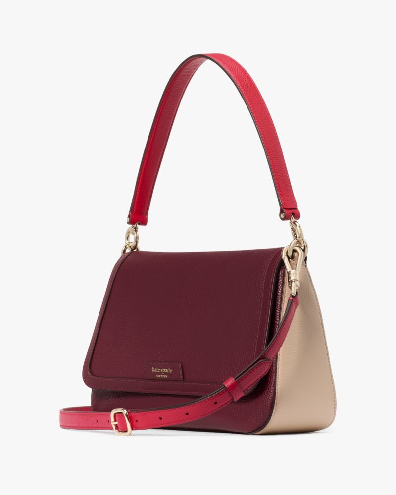 Kate Spade,Hudson Colorblocked Convertible Flap Shoulder Bag,Leather,Shoulder Bag,Color Block,Metal,Logo,Shoulder Guard,Ca...,Maroon