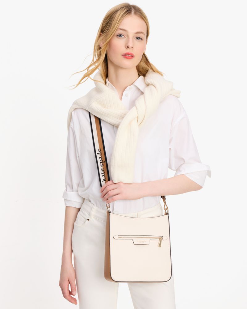 Kate Spade,Hudson Colorblocked Pebbled Leather Large Messenger Crossbody,Leather,Crossbody,Stripe,Casual,Cream