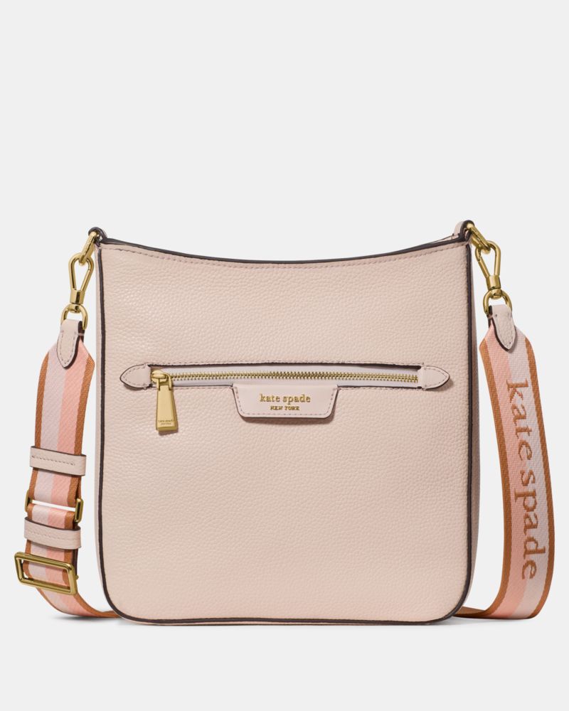 Kate Spade,Hudson Messenger Crossbody Bag,Leather,Crossbody,Logo,Stripe,Metal,Casual,Pink