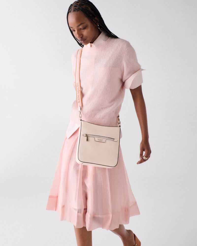 Kate Spade,Hudson Messenger Crossbody Bag,Leather,Crossbody,Logo,Stripe,Metal,Casual,Pink