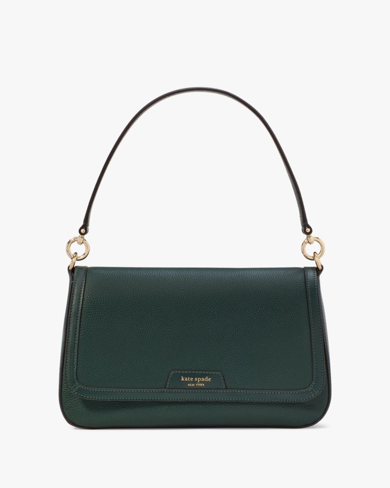 Kate Spade,Hudson Convertible Flap Shoulder Bag,Leather,Shoulder Bag,Logo,Metal,Shoulder Guard,Casual,Emerald