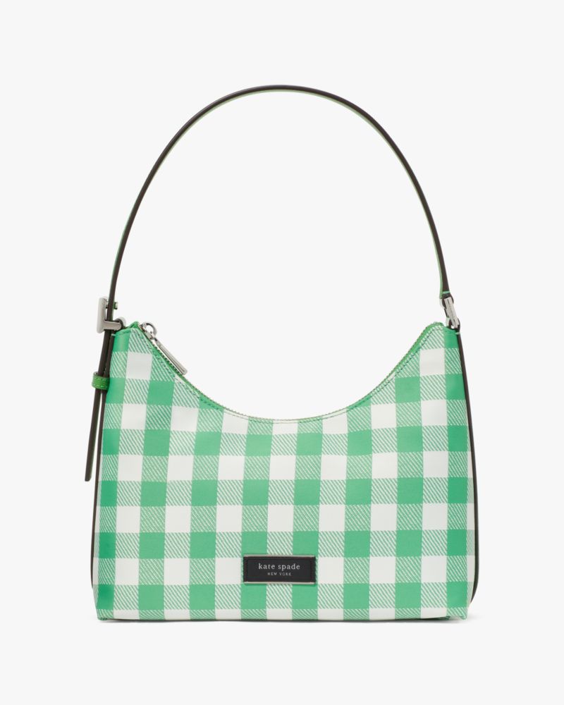 Kate Spade,Sam Icon Gingham Printed Fabric Small Shoulder Bag,Candy Grass Multi