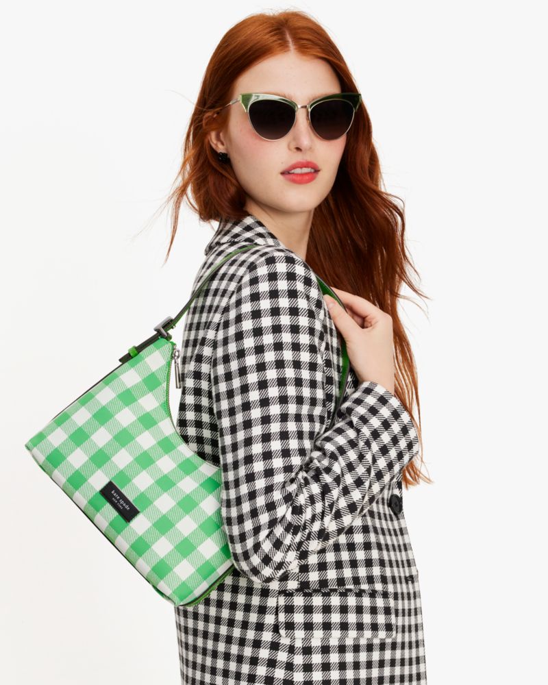 Kate Spade,Sam Icon Gingham Printed Fabric Small Shoulder Bag,Leather,Shoulder Bag,Shell,Logo,Metal,Casual,Multi Color