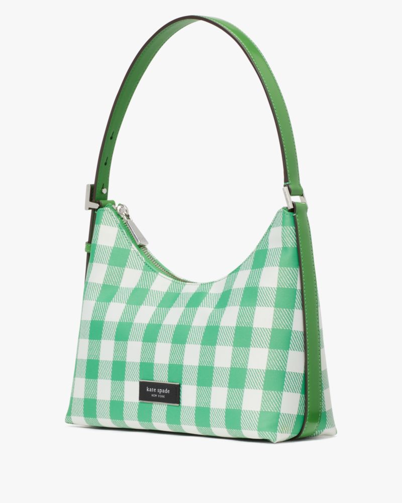 Kate Spade,Sam Icon Gingham Printed Fabric Small Shoulder Bag,Candy Grass Multi