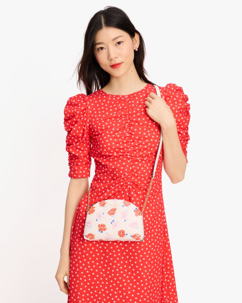 Kate Spade,Morgan Dotty Floral Embossed Double-zip Dome Crossbody,Leather,Makeup Bag,Logo,Metal,Shoulder Guard,Day Party,