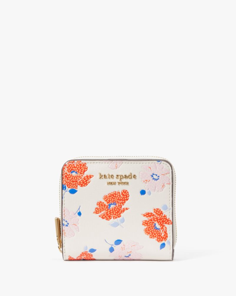 Kate Spade,Morgan Dotty Floral Embossed Small Compact Wallet,White Multi