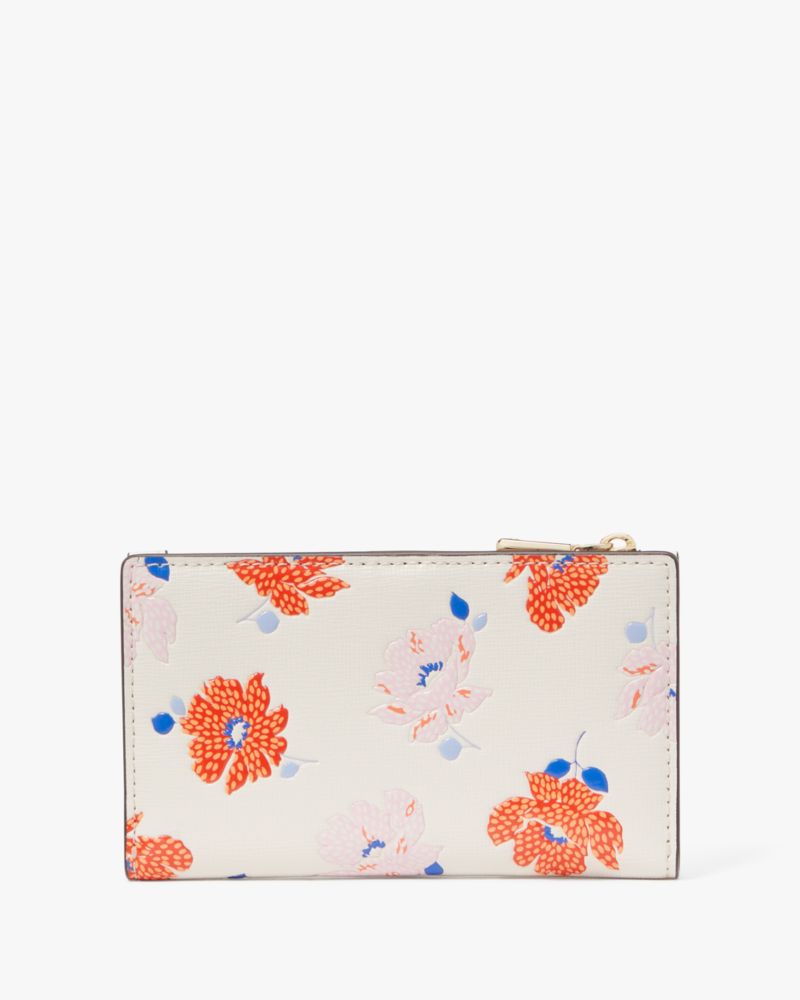 Kate Spade,Morgan Dotty Floral Embossed Small Slim Bifold Wallet,Leather,Bi Fold,Logo,Metal,Scratch Resistant,Casual,