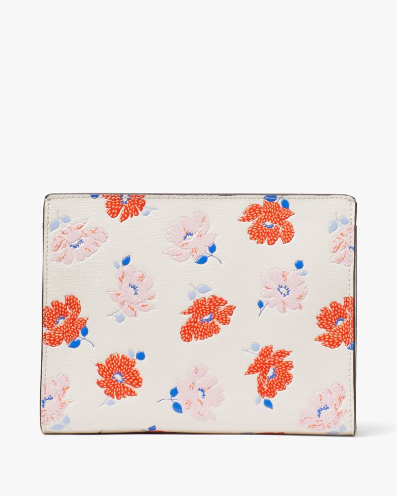 Kate Spade,Morgan Dotty Floral Embossed Gusseted Wristlet,Leather,Wristlet,Bi Fold,Logo,Metal,Gusset,Scratch Resistant,Casual,