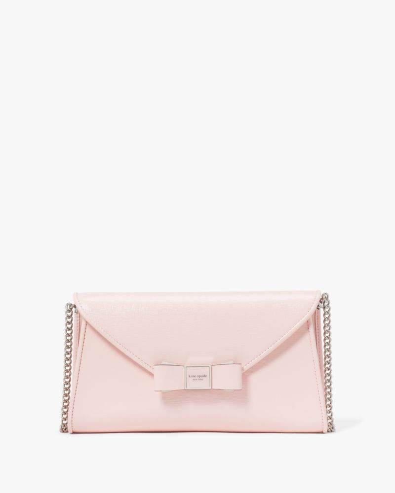 Kate Spade,Morgan Bow Embellished Patent Leather Envelope Flap Crossbody,Leather,Crossbody,Logo,Metal,Bow,Scratch Resistan...,Pink