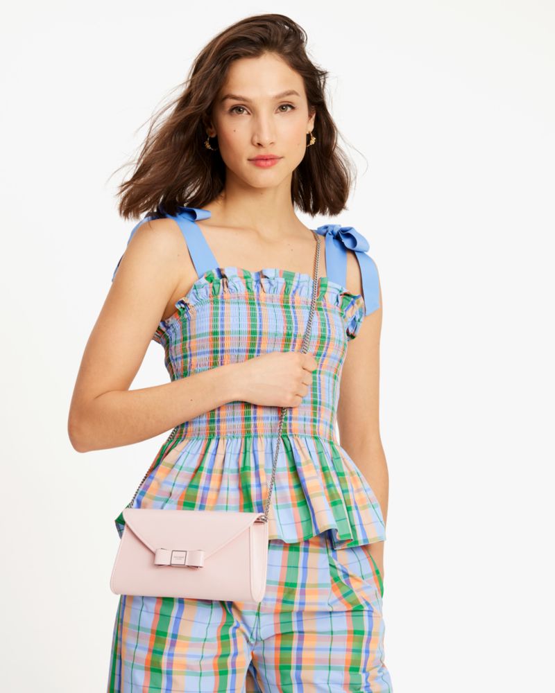 Kate Spade,Morgan Bow Embellished Patent Leather Envelope Flap Crossbody,Leather,Crossbody,Logo,Metal,Bow,Scratch Resistan...,Pink