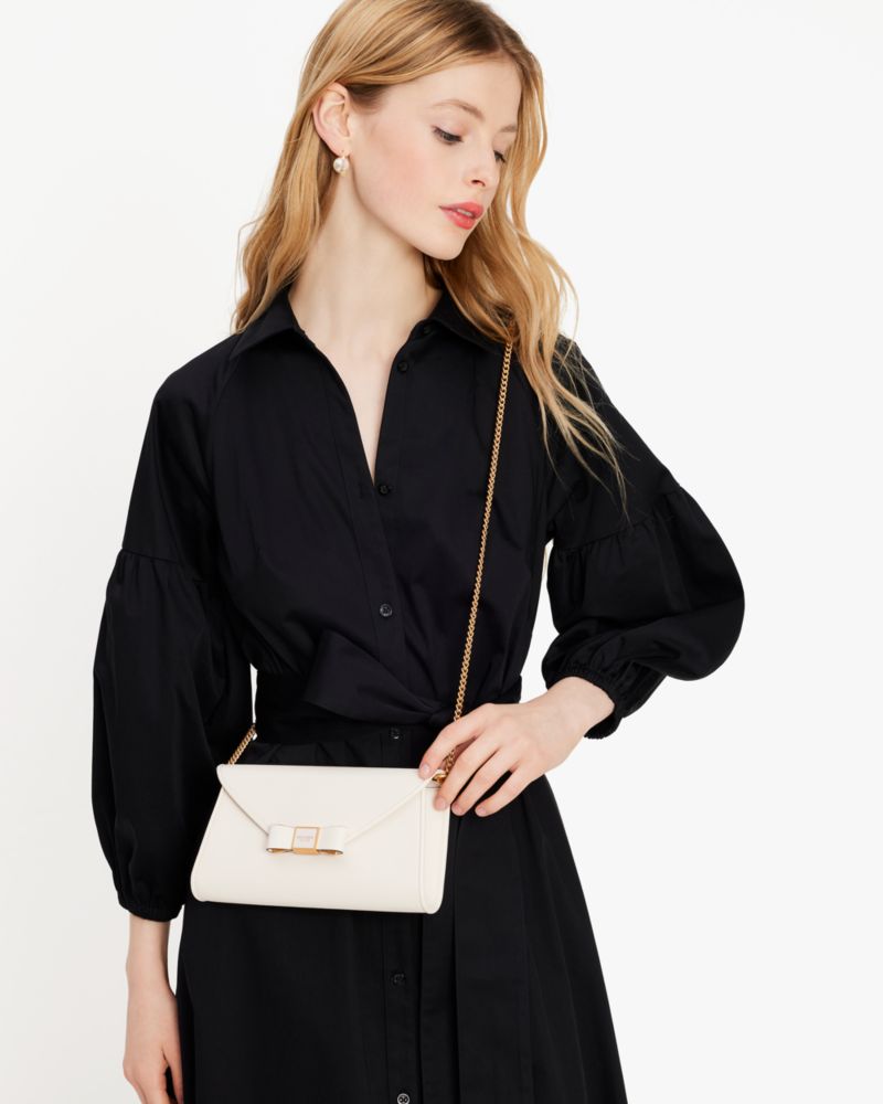 Kate Spade,Morgan Bow Embellished Envelope Flap Crossbody,Leather,Crossbody,Bow,Metal,Logo,Day Party,Cream