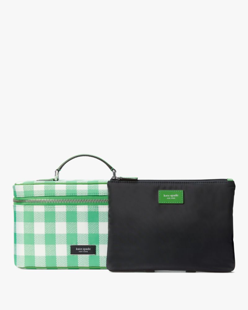 Kate Spade,Sam Icon Gingham Field Vanity Kit,Leather,Nylon,Vanity Case,Logo,Word Embellishment,Words,