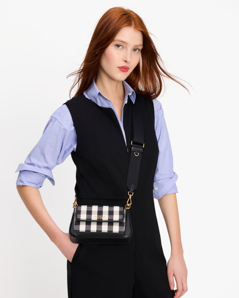 Kate Spade,Double Up Gingham Field Crossbody,Leather,Clutch,Crossbody,Logo,Metal,Day Party,