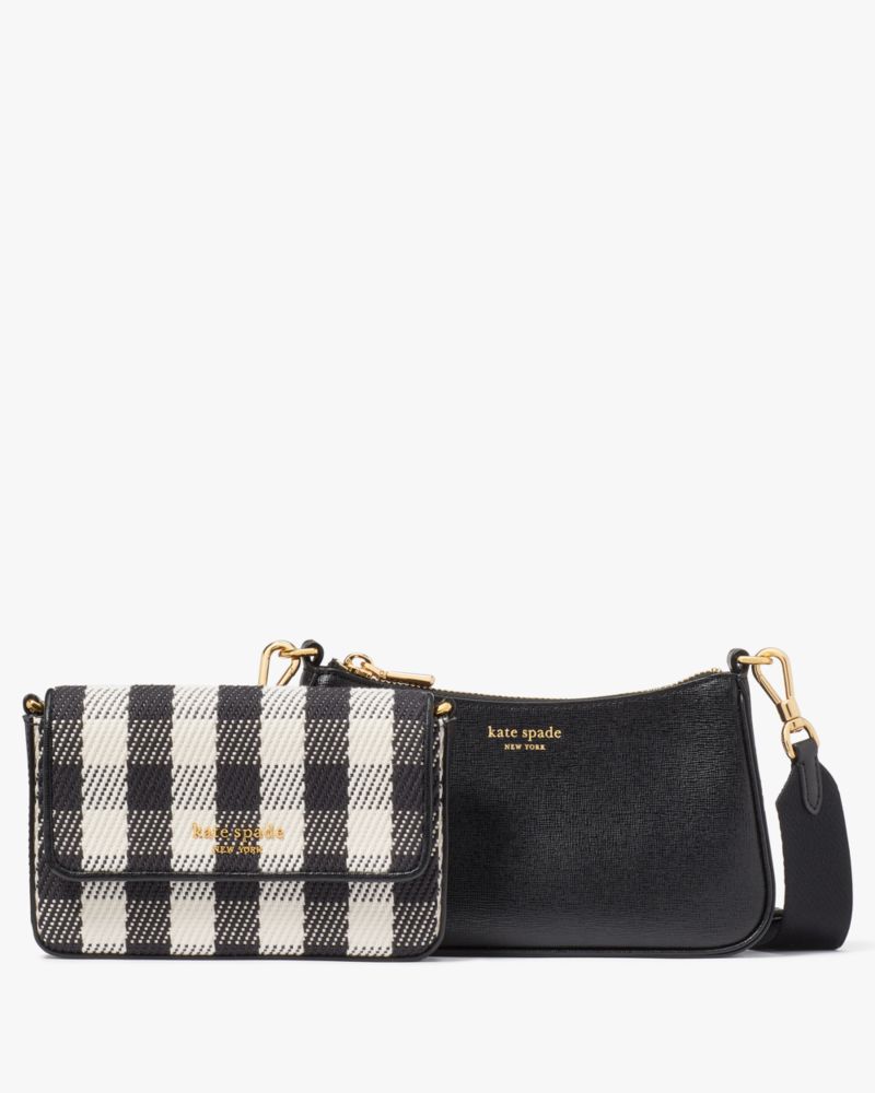 Kate Spade,Double Up Gingham Field Crossbody,Leather,Clutch,Crossbody,Logo,Metal,Day Party,