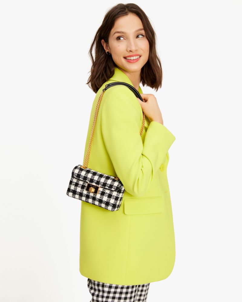 Kate Spade,Evenlyn Gingham Tweed Fabric Small Shoulder Crossbody,Leather,Crossbody,Piping,Logo,Shoulder Guard,Day Party,