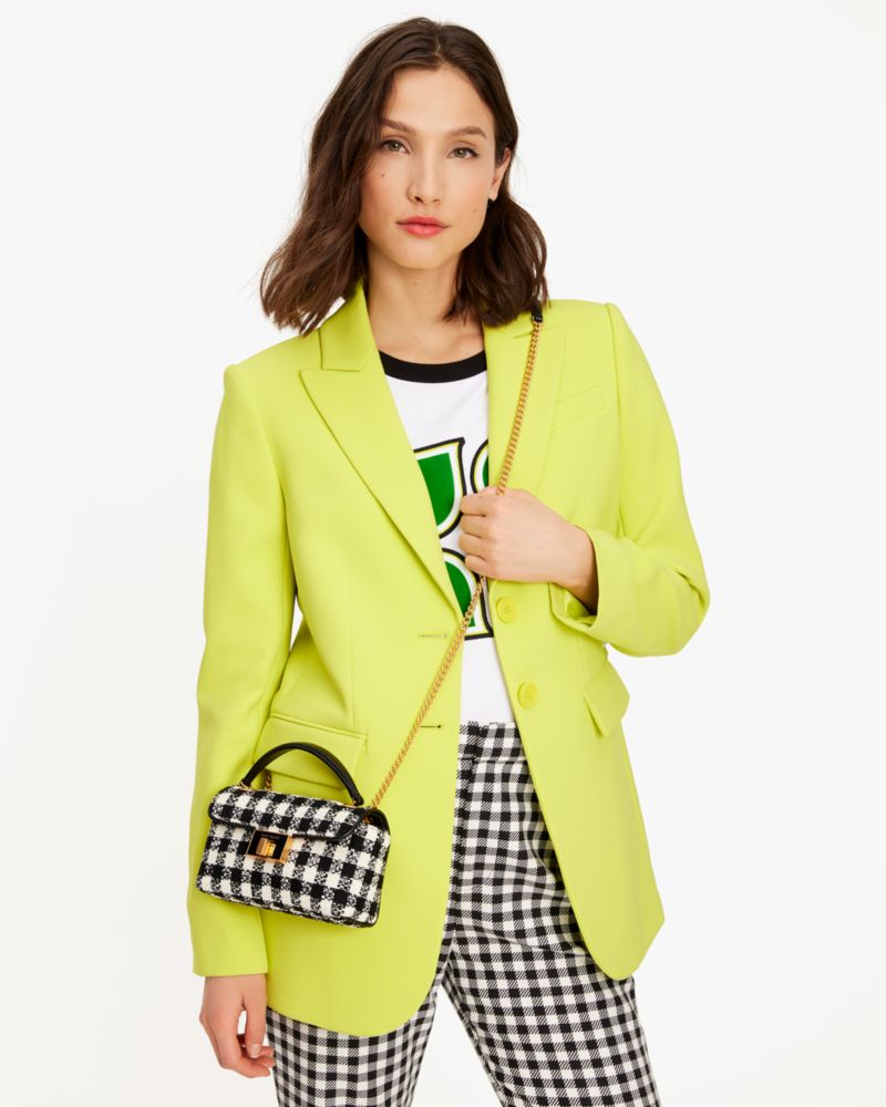 Kate Spade,Evenlyn Gingham Tweed Fabric Small Shoulder Crossbody,Leather,Crossbody,Piping,Logo,Shoulder Guard,Day Party,