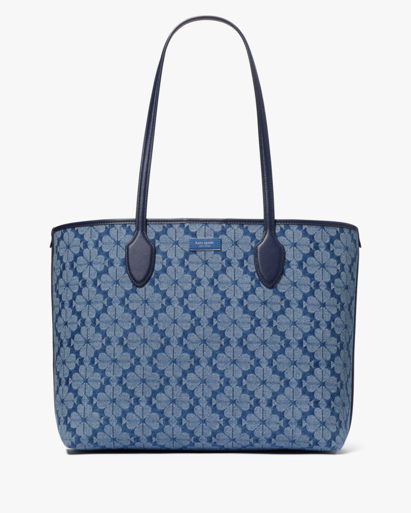 Kate Spade,Spade Flower Jacquard Denim Bleecker Large Tote,Denim,Leather,Tote,Pouch,Wristlet,Logo,Piping,Metal,Word Embell...,Blue,Navy