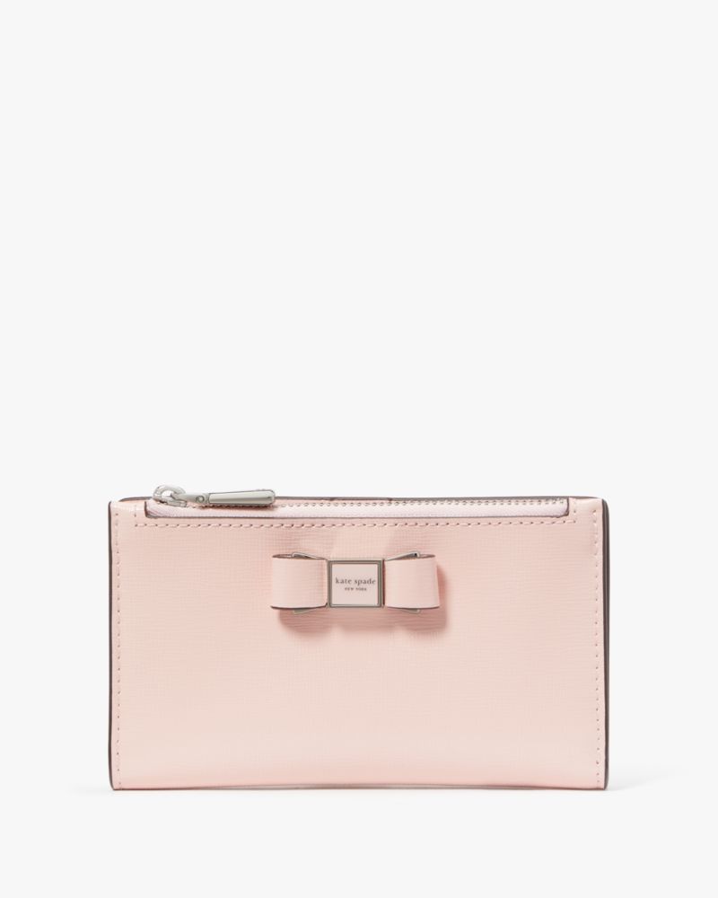 Kate Spade,Morgan Bow Embellished Patent Leather Small Slim Bifold Wallet,Crepe Pink