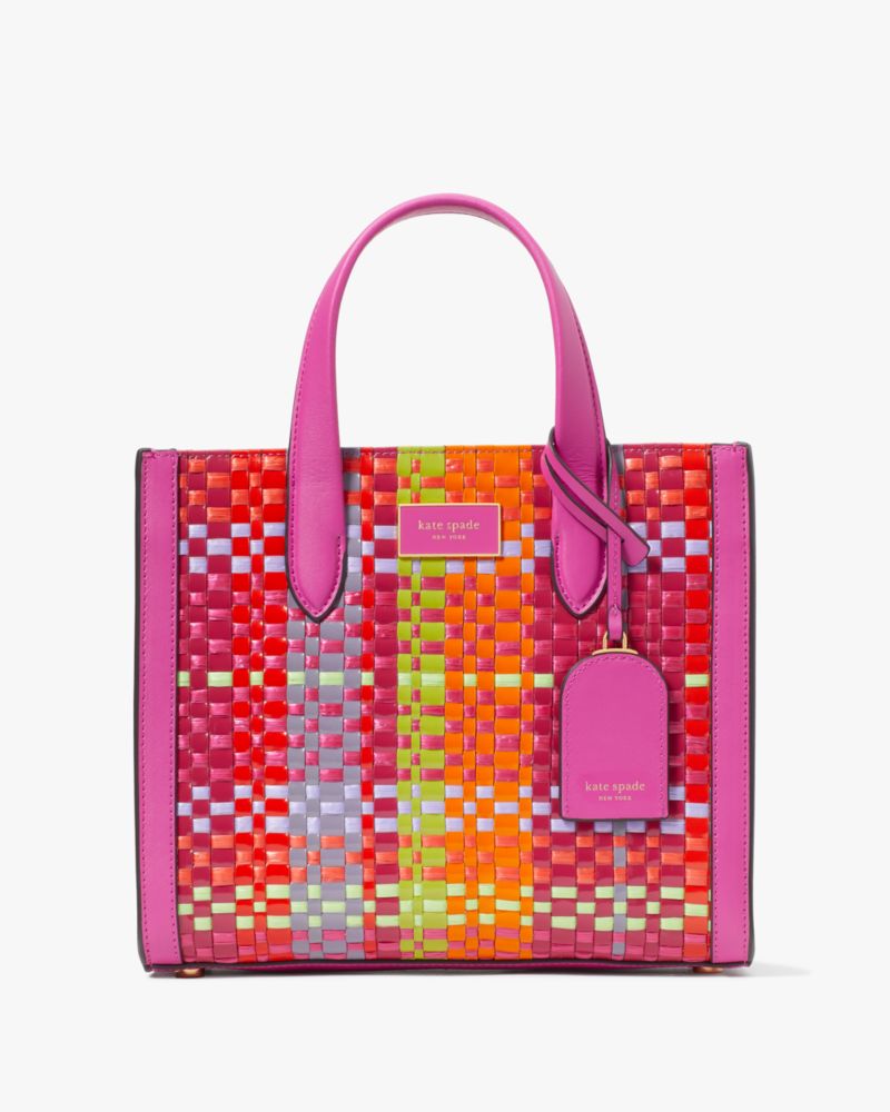 Kate Spade,Manhattan Madras Plaid Woven Straw Small Tote,Leather,Crossbody,Straw,Logo,Metal,Piping,Casual,Multi Color