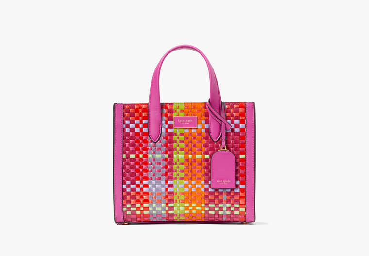 Kate Spade,Manhattan Madras Plaid Woven Straw Small Tote,Pink Multi image number 0