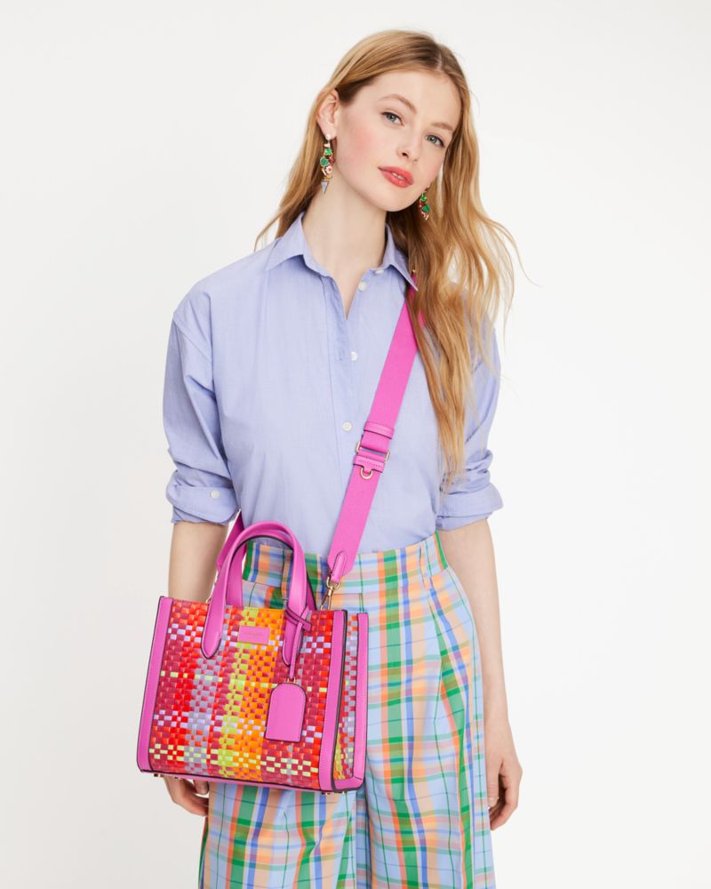 Manhattan Madras Plaid Tote Bag aus Stroh, gewebt, klein, , Product