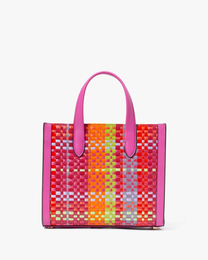 Kate Spade,Manhattan Madras Plaid Woven Straw Small Tote,Leather,Crossbody,Straw,Logo,Metal,Piping,Casual,