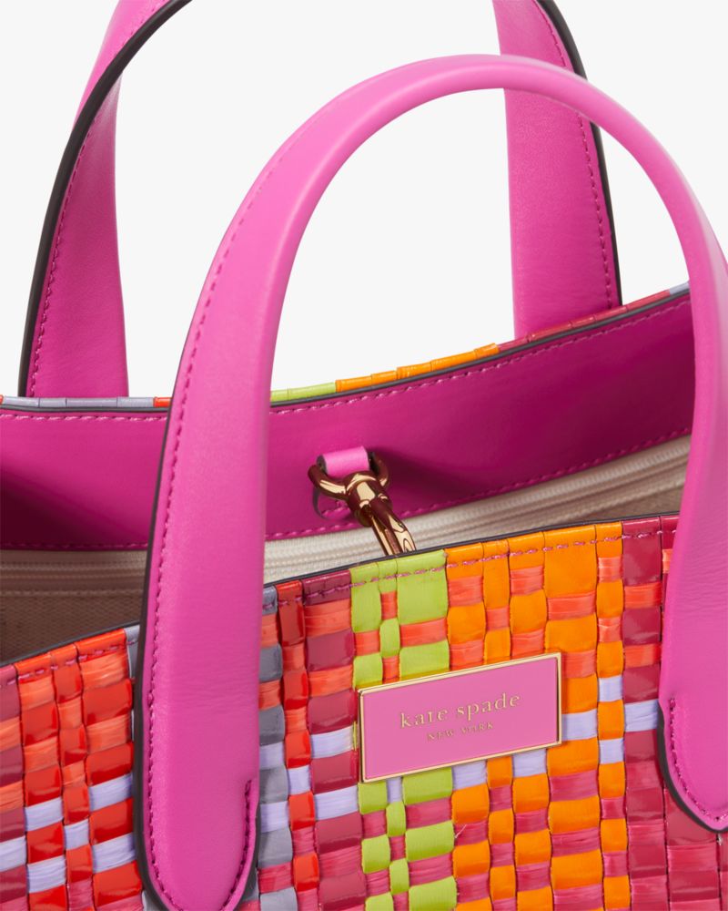 Kate Spade,Manhattan Madras Plaid Woven Straw Small Tote,Leather,Crossbody,Straw,Logo,Metal,Piping,Casual,