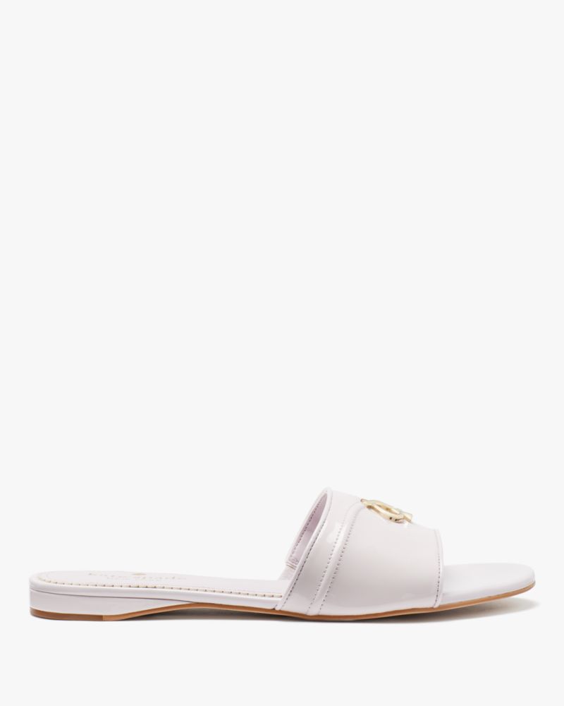 Kate Spade,Kendra Slide,Faux Leather,Leather,Rubber,Slides,Metal,Logo,Gold Metal,Casual,White