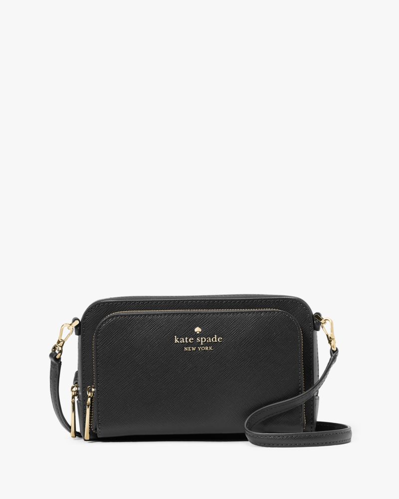 Kate Spade,Staci Dual Zip Around Mini Crossbody,Lining Leather,Crossbody,Metal,Logo,Lined,Casual,Black