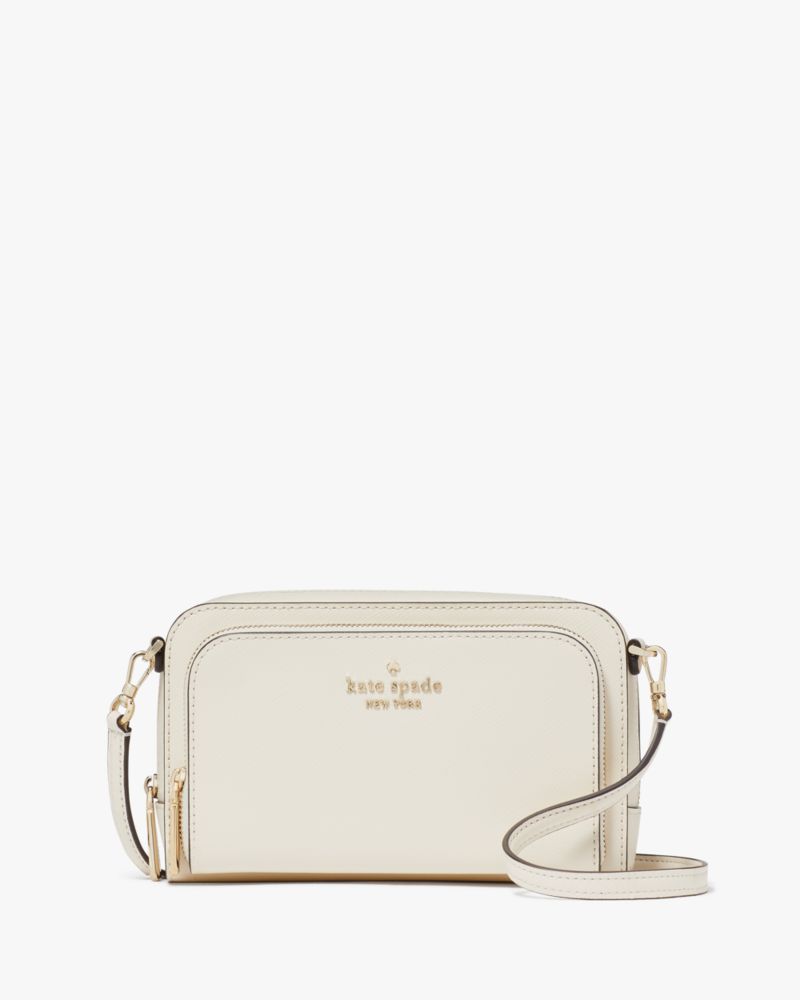 Kate Spade,Staci Dual Zip Around Mini Crossbody,Lining Leather,Crossbody,Metal,Logo,Lined,Casual,Cream