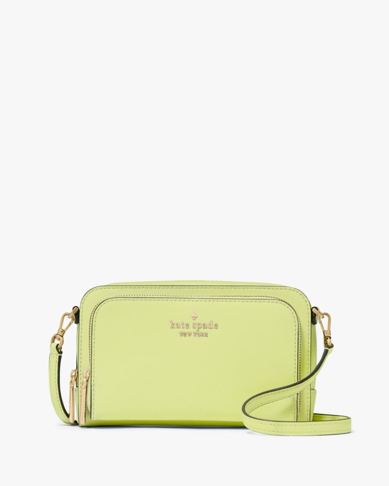Kate Spade,Staci Dual Zip Around Mini Crossbody,Lining Leather,Crossbody,Metal,Logo,Lined,Casual,Green