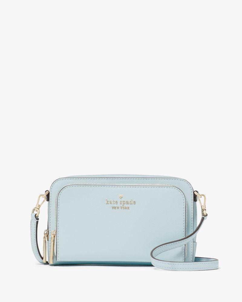 Kate Spade,Staci Dual Zip Around Mini Crossbody,Lining Leather,Crossbody,Metal,Logo,Lined,Casual,Blue